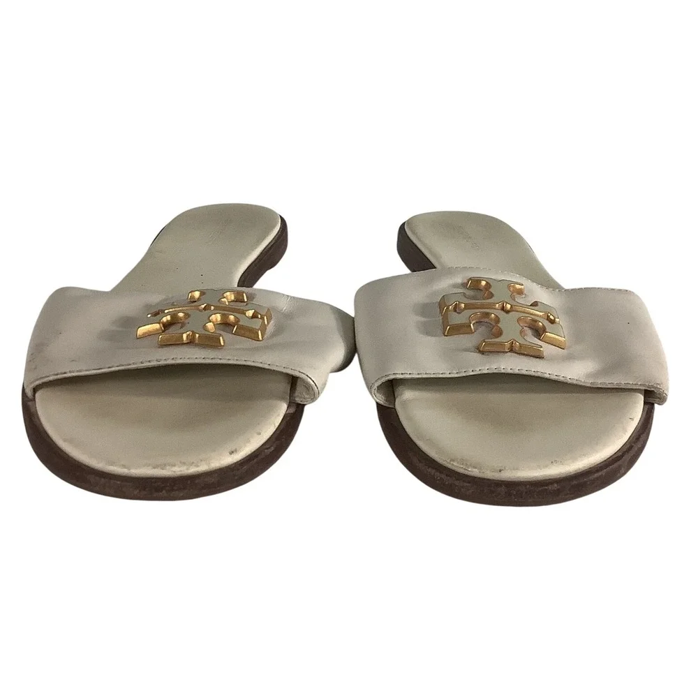 Tory Burch Ines Slide Sandals Cream White Leather Gold Logo Flat Slides Size 10
